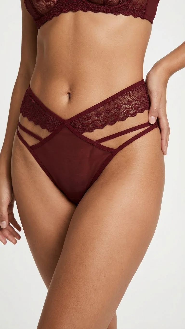 Bordo Dantel Bel Bantlı Tanga - Pencereli (Cut-Out) String Detayı